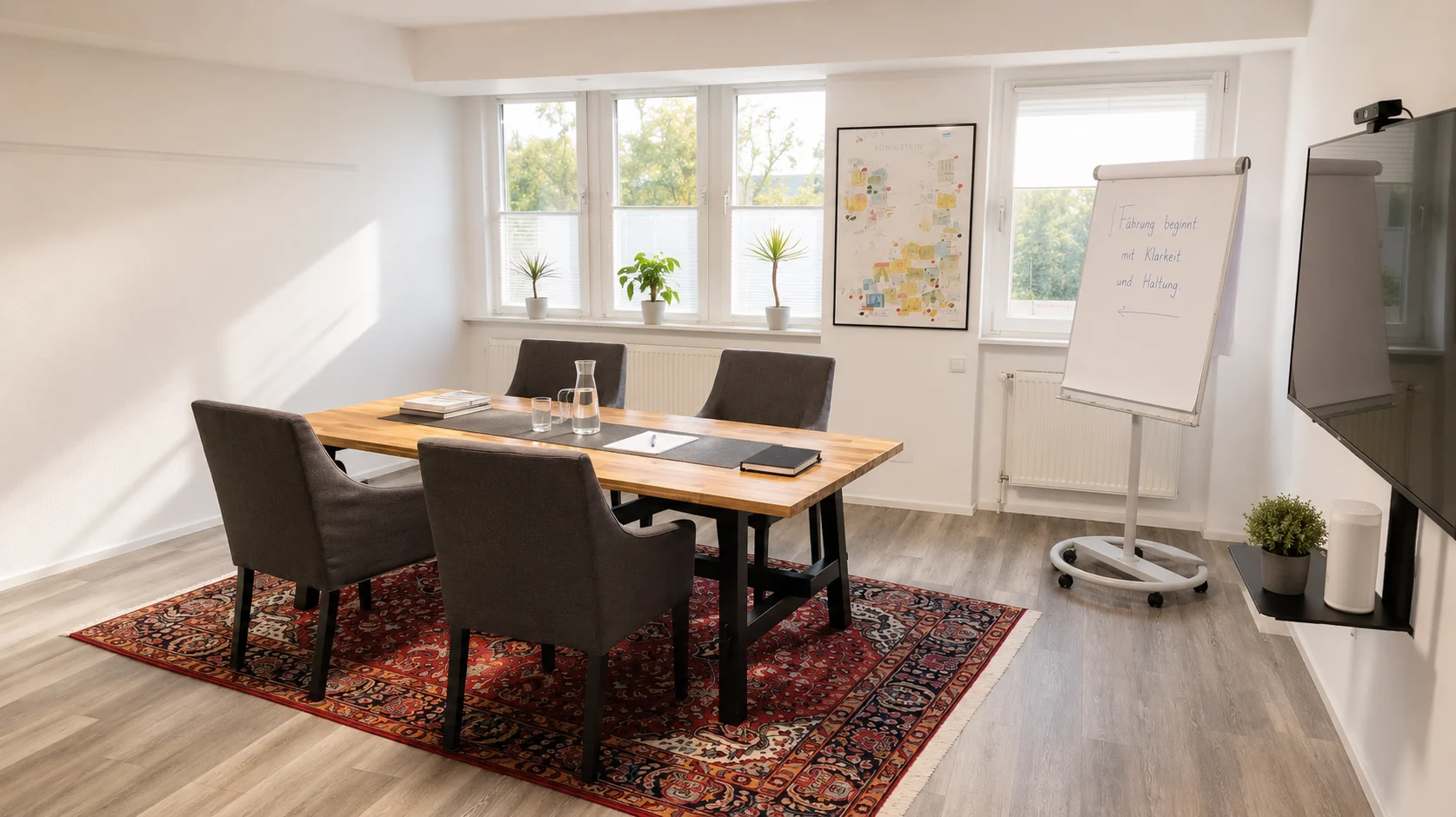 Konferenzraum mit Display, Whiteboard und Flipchart für Präsentationen im K7 Workspace Königstein